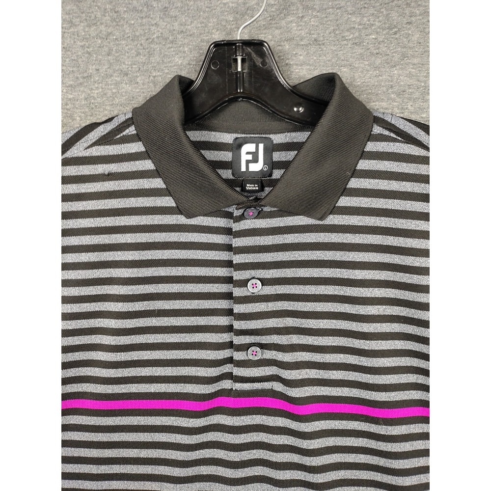 FJ Mens Shirt L Black Purple Stripe Performance Polo Golf Preppy Dad Weekend